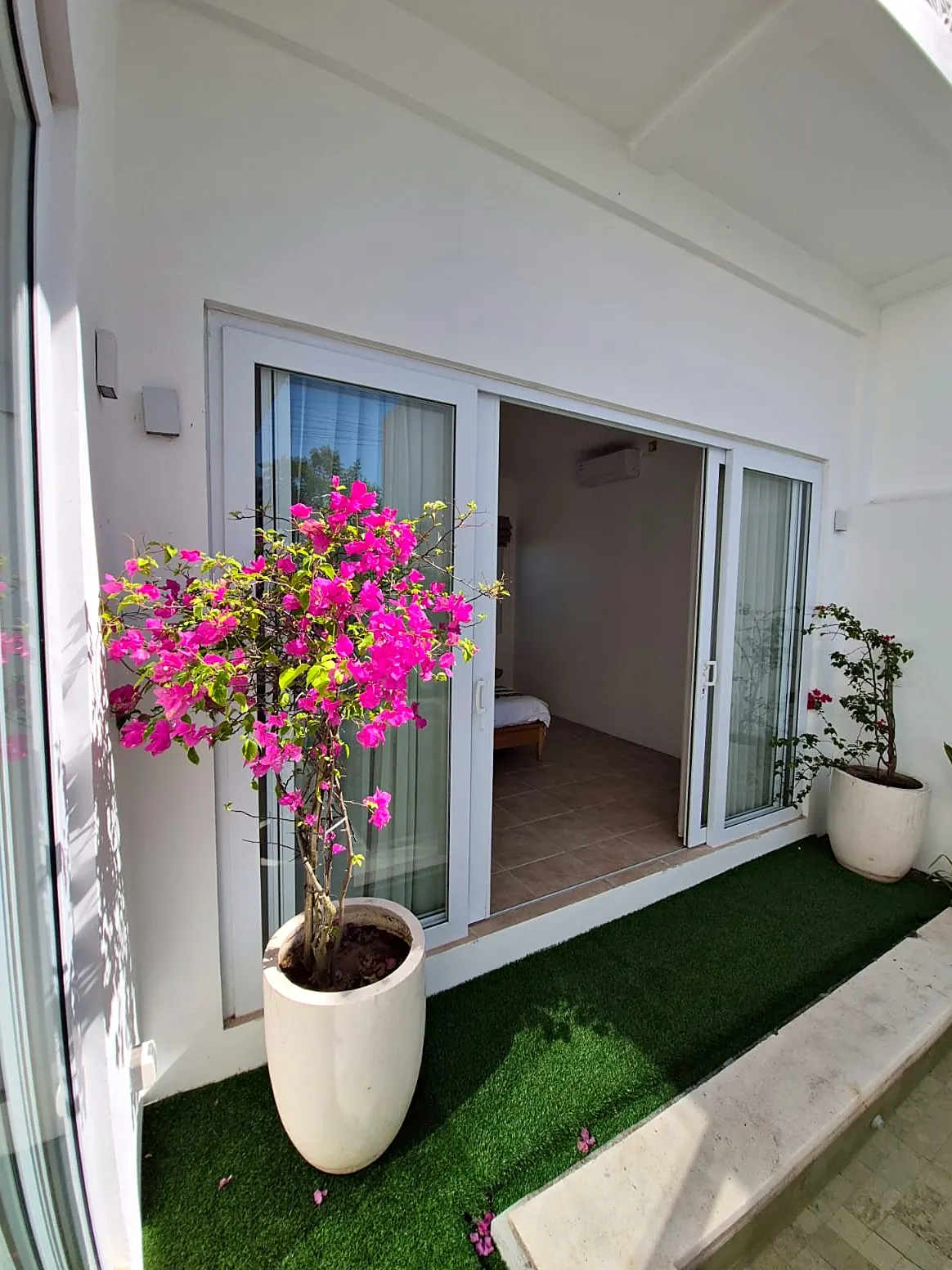 Bedroom sliding doors with bougainvillea