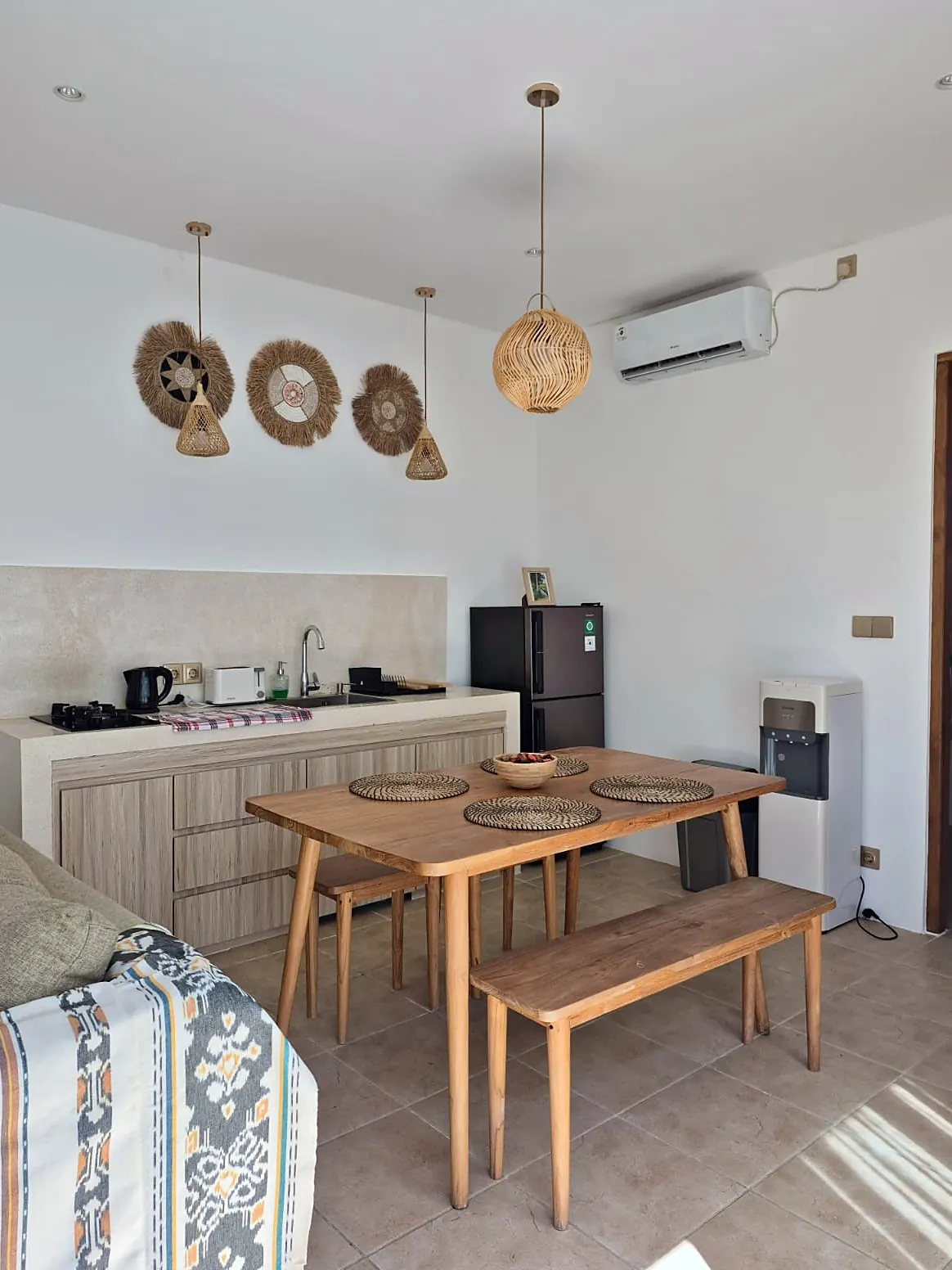 Dining table with bench and kitchenette