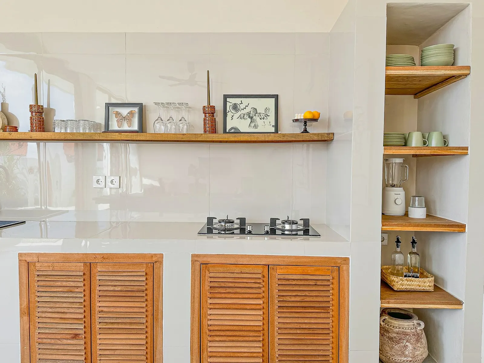Full kitchen with timber cabinets and open shelving