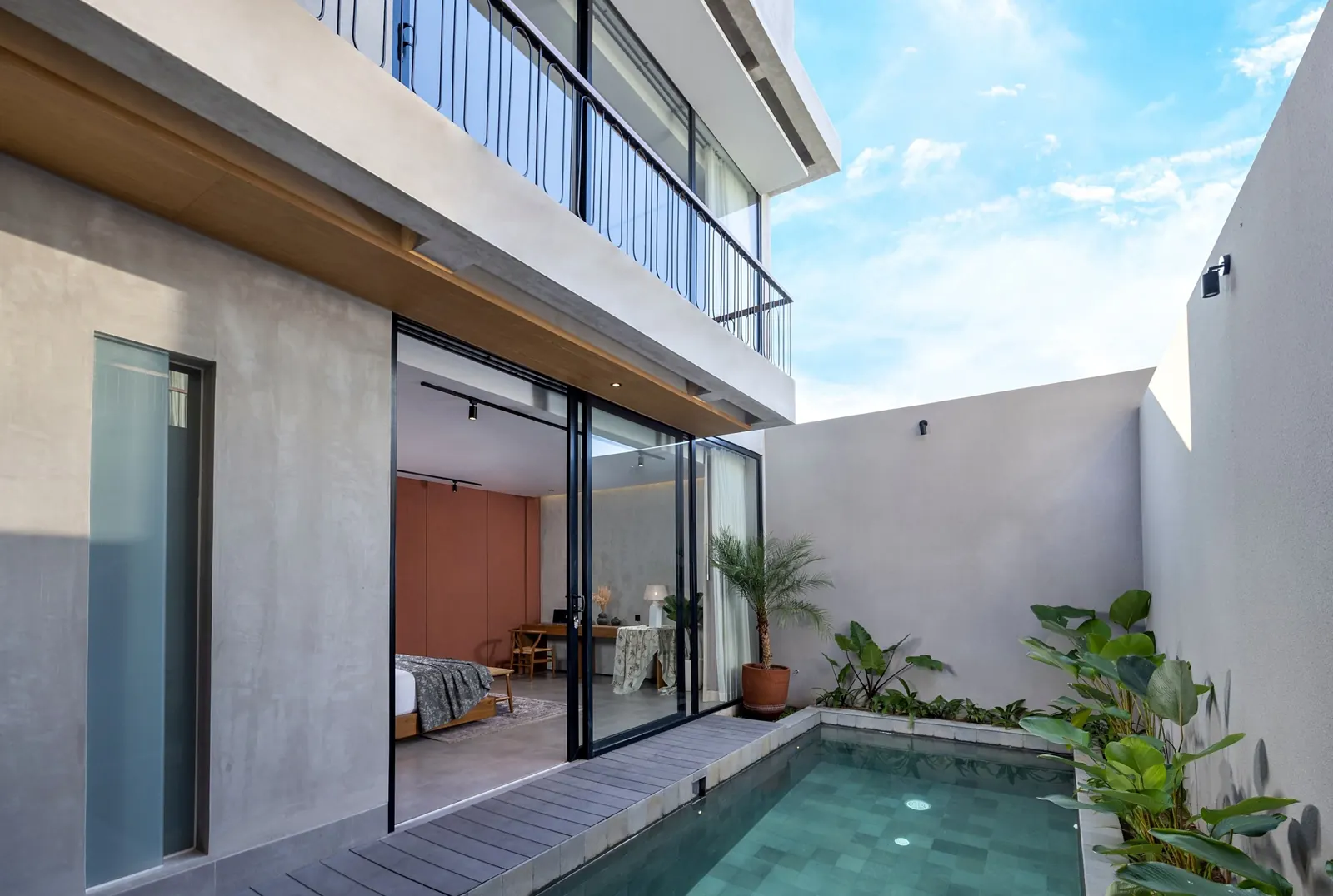 Private pool beside the bedroom glass doors – luxury 2 bedroom villa for monthly rent in Canggu