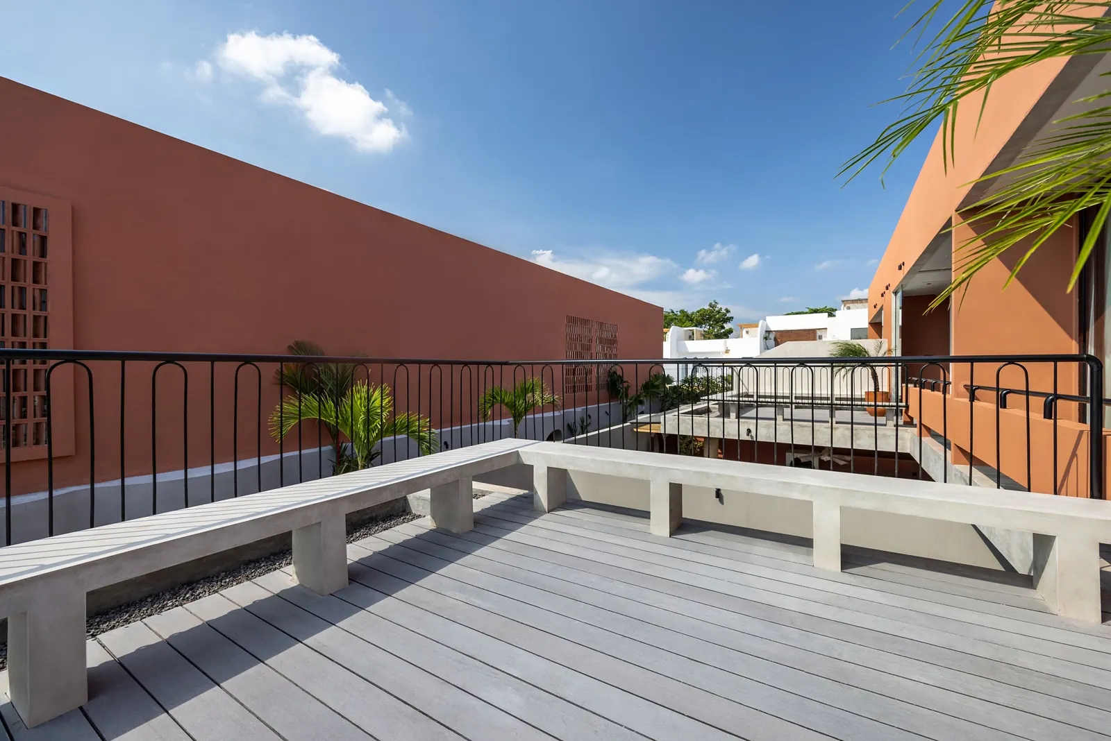 Upstairs deck with built-in bench