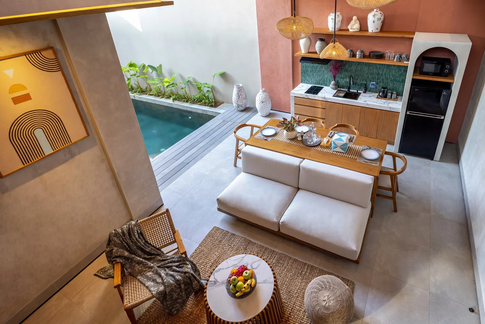 Overhead view of the living area, kitchen and pool